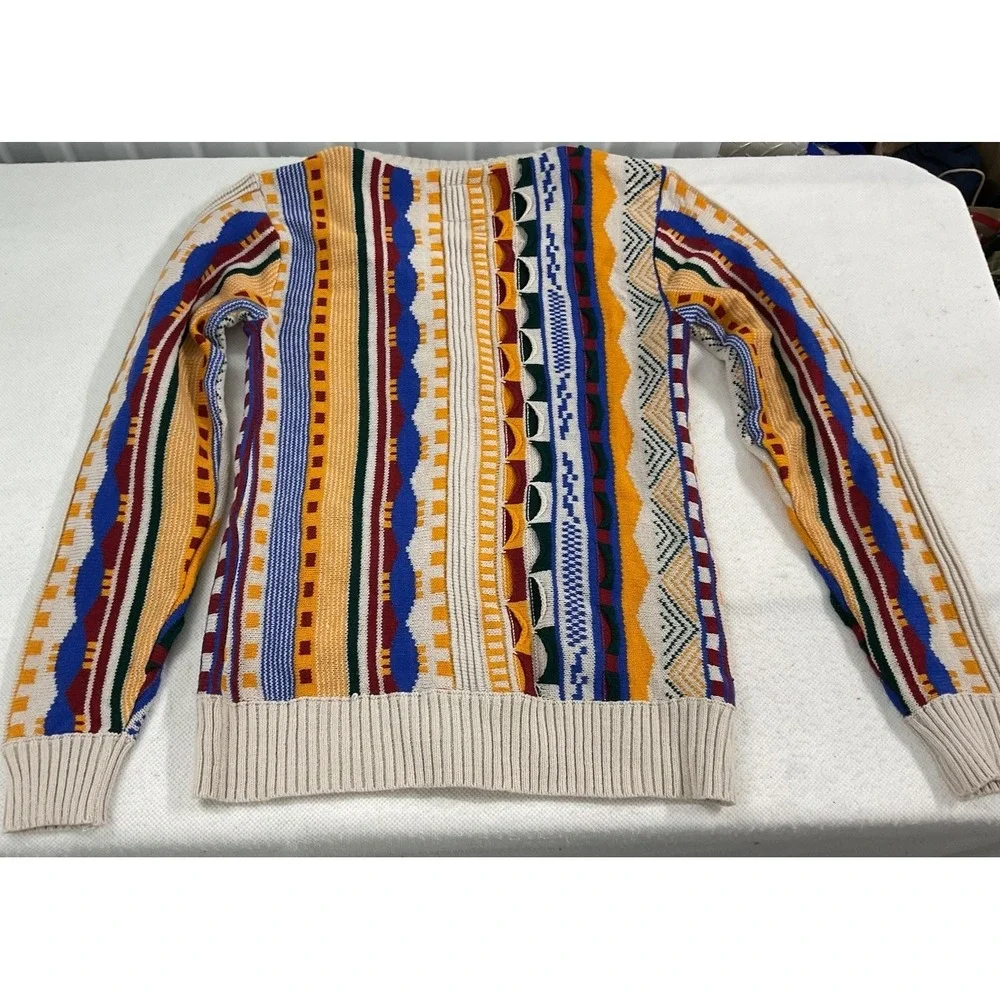 Grandpa 3D Knit Patterned Cardigan SM Colorful Stripe Indie Boho Artsy‎ Textured